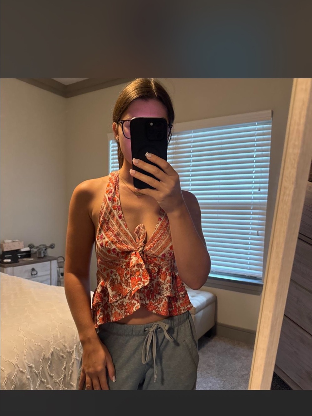 Free People Orange Floral Tie-Front Halter Camisole